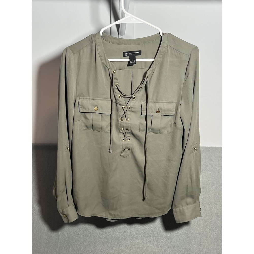 INC International Concepts Petite 8P Olive Green Lace-Up Utility Blouse Top